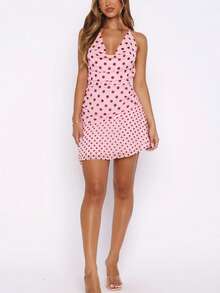 Women's Dot Halter Mini Dress Summer Fashionable Cowl Neck Sleeveless Backless Ruffle Hem Dress - Pink - View 4