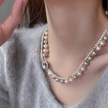 1件时尚双色珍珠妈妈项链 - 法式毛衣链，奢华项圈饰品，适合派对和送礼 - 彩色 - 查看 2
