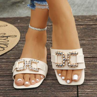 Sandalias planas con tiras y punta cuadrada con cristales para mujer (verano 2026), cómodas zapatillas de punta abierta.