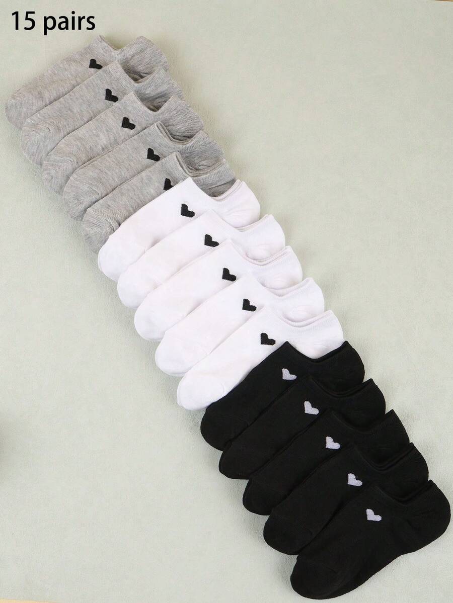 15 Pairs Unisex Heart Pattern Breathable Low-Cut Socks, Fashion Versatile Casual Socks, Invisible Socks, Moisture-Wicking Minimalist Style, Suitable For All Seasons And Occasions - Multicolor - View 1