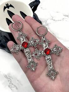两件套哥特风超大银色水钻十字架耳环，搭配黑色朋克摇滚万圣节配饰，是女士魅力婚礼宣言珠宝。