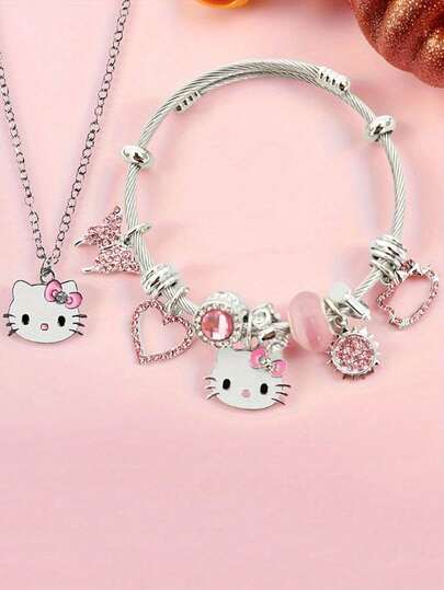 1 Set de Collar y Pulsera de Gatito - Con diseño de colgante de mariposa esmaltada y de corazón hueco con rhinestones, regalo lindo para niñas y adolescentes