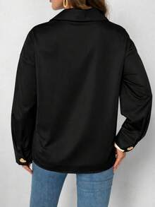 大码女士优雅心形金属纽扣长袖衬衫，百搭纯色通勤衬衫，适合情人节约会、办公室穿着、春季穿搭，黑色 - 黑色 - 查看 6