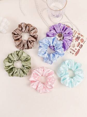 6pcs Solid Color Minimalist Soft Satin Scrunchies, High Elasticity Hair Ties, Fashion Hair Accessories For Women