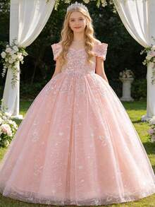 Tween Girls Sequin Bridesmaid Wedding Party Flower Girl Dress, Elegant Beauty Pageant Graduation Ceremony Party Princess Birthday Host Dress - Pink - View 1