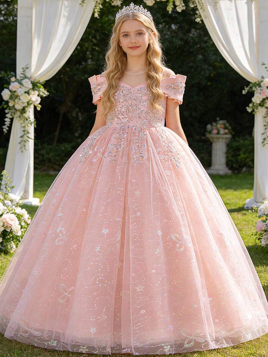 Tween Girls Sequin Bridesmaid Wedding Party Flower Girl Dress, Elegant Beauty Pageant Graduation Ceremony Party Princess Birthday Host Dress - Pink - View 1