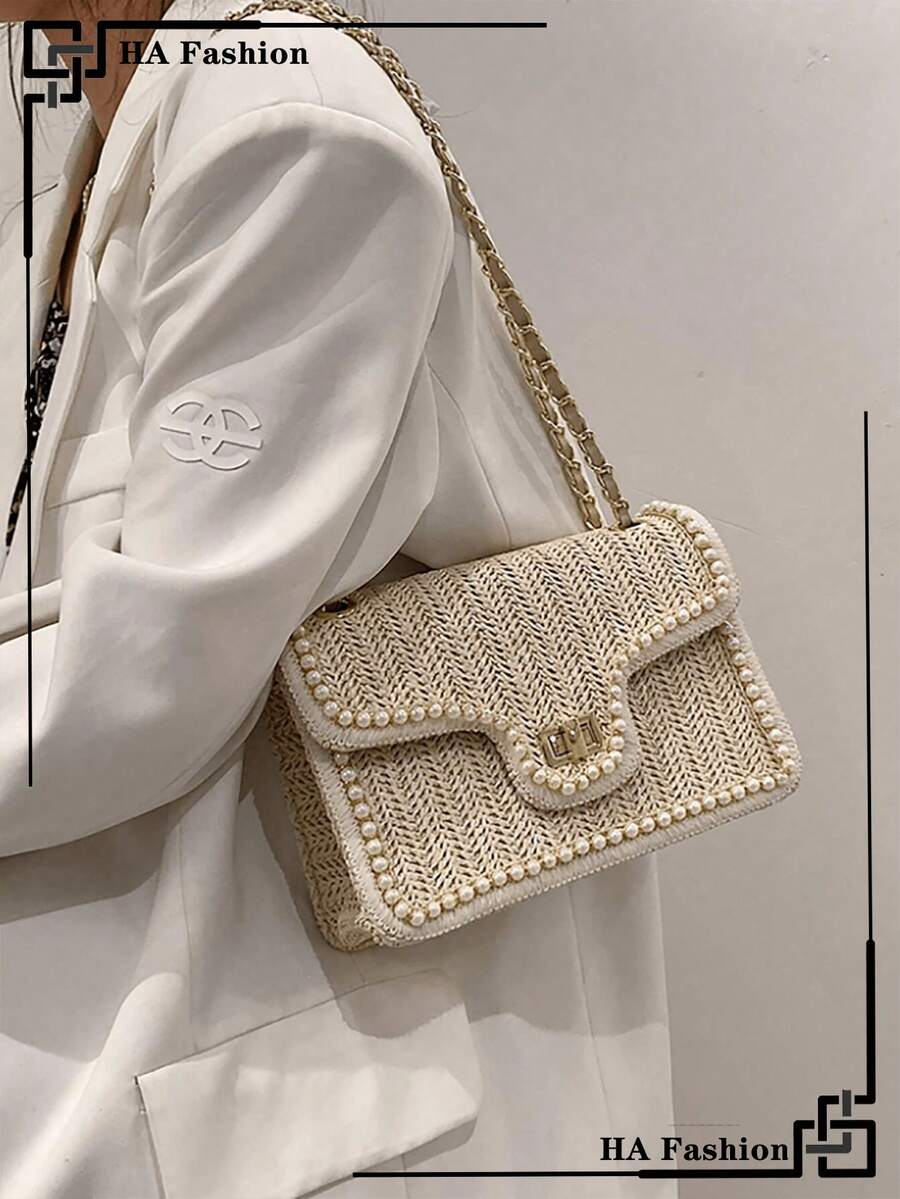 这款新款时尚优雅的珍珠编织女士小方单肩包，适合派对、购物、日常通勤、白领女性等各种场合，也可作为礼物赠送，是夏季度假必备的女士包袋，藤编材质。 - 米色 - 查看 1