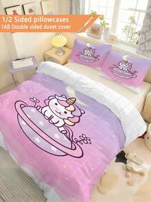 2/3件套卡通独角兽主题床上用品套装，100%涤纶材质（1个双面被套+2个单面枕套），3D印花卡通图案，适合装饰儿童卧室、幼儿园午睡室或男孩房，也可作为生日或节日礼物。尺寸：90*200/135*200/140*210厘米。包含1个枕套（不含枕芯）。 - 彩色 - 查看 3