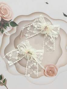 2pcs Flower Lace Bow Hair Clips Set, Suitable For Soft Girl & Elegant Style - Beige - View 3