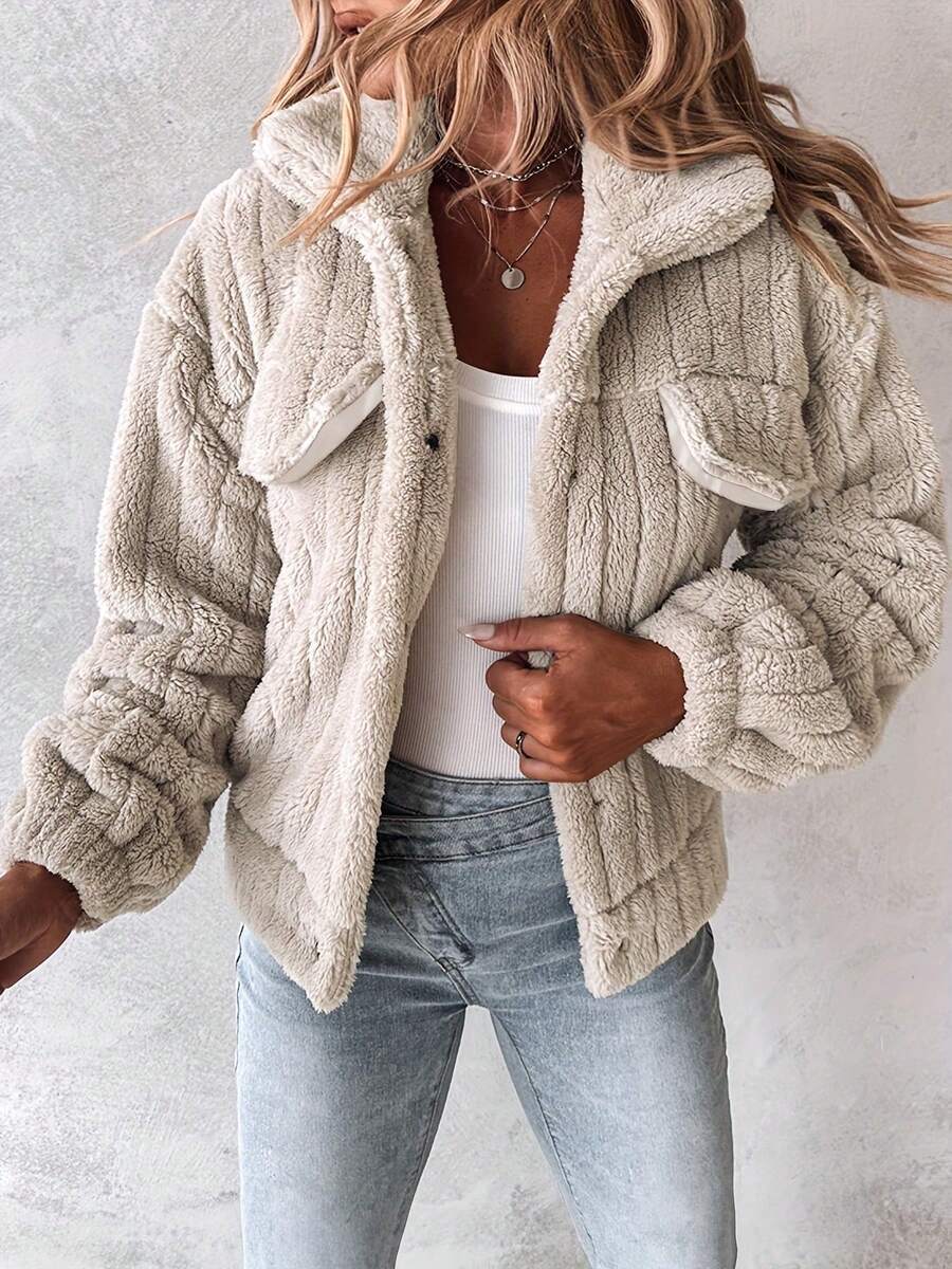Warm Plush Women's Jacket – Textured Fleece Fabric For Fall/Winter. Styled With Quilted Details For A Fashionable Look; Soft, Snuggly Material Delivers Coziness For Outdoor & Casual Occasions. A Must-Have Layering Piece For  Cold-Weather Outfits. - 杏色 - 查看 1