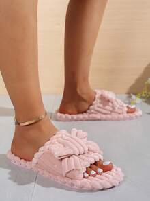 女士优雅蝴蝶结布艺贴花拖鞋，时尚休闲室内鞋，秋冬款 - 粉色 - 查看 12