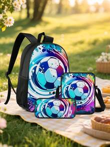 3pcs Boys' Backpack Set - Football Pattern Fabric, Large Capacity Multi-Function Zipper Closure, Casual Schoolbag, Suitable For Daily Use And Travel