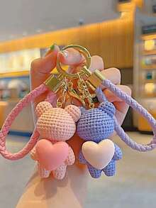 1个休闲街头风爱心针织卡通汽车钥匙扣，可爱毛绒兔子/熊情侣钥匙扣 - 彩色 - 查看 2