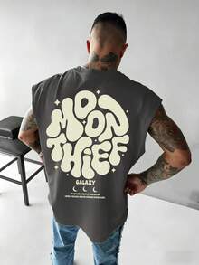 Zrgoth 男士休闲百搭 Moon Thief 英文标语印花背心，夏季款 - 深灰色 - 查看 1