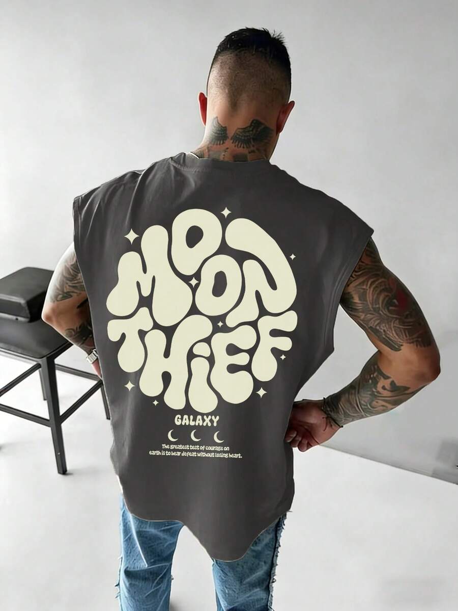 Zrgoth 男士休闲百搭 Moon Thief 英文标语印花背心，夏季款 - 深灰色 - 查看 1