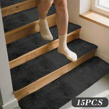 15PCS Extra Long Plush Stair Treads, 7.8x29.5 Inch, 3-Layer Soft Carpet Runner With Laboratory-Tested Strong Grip Backing, Non-Slip Indoor Stair Mats For Wooden & Tile Stairs, Washable Home Safety Upgrade For Families, Easy Trim To Fit, Pet-Friendly & Durable - màu đen - Xem 2