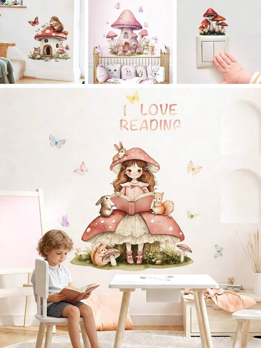 BRUP 1pc Mushroom Girl Wall Stickers, Self-Adhesive Vinyl Home Decor, Suitable For Bedroom And Living Room Wall Decals, Back-To-School Decorations, Magical Forest Theme Wall Art - Multicolor - View 1