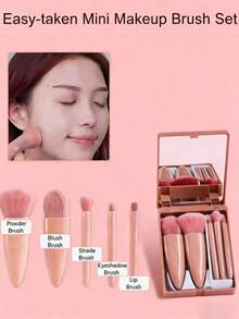 5pcs Portable Makeup Brush Set With Mirror, Boxed Makeup Brush Set, Multi-Function Powder Brush, Blush Brush (With Mirror Case), Mini Multi-Function Powder Brush, Foundation Brush, Eyeshadow Brush, Blending Brush, Makeup Tool Set, Makeup Brush Set, Makeup Brush Set, Makeup Brush Set, Complete Makeup Brushes, Makeup Brush Set, Complete Makeup Tools, Makeup Brush Set, Makeup Brush Set, Makeup Gift Set - Pink - View 4