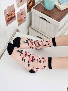 6双/4双/2双/1双 女士彩色蝴蝶花朵中筒袜，薄网眼面料，时尚可爱镂空设计，夏季 - 彩色 - 查看 3