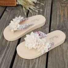 Summer New Thick-Soled Slippers, Lightweight & Comfortable Flip-Flops, Solid Color Oversized 36-45, Floral Beach Sandals - Beige - View 6