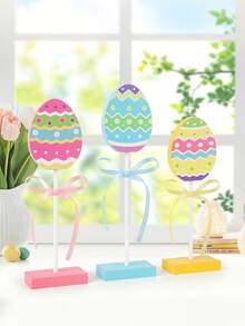 3pcs Easter Tiered Tray Decor, Wooden Easter Egg Decorations, Colorful Easter Table Decor Suitable For Easter Home Farmhouse Kitchen Decor, Wooden Egg Sign, Suitable For Tiered Tray, Shelves, Fireplace Mantel And Other Colorful Easter Home And Party Decorations - Multicolor - View 5