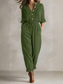 女士优雅连体裤，纯色休闲V领单排扣腰带工装连体裤，系腰直筒裤。适合时尚通勤和浪漫情人节穿着。 - 軍綠色 - 查看 2