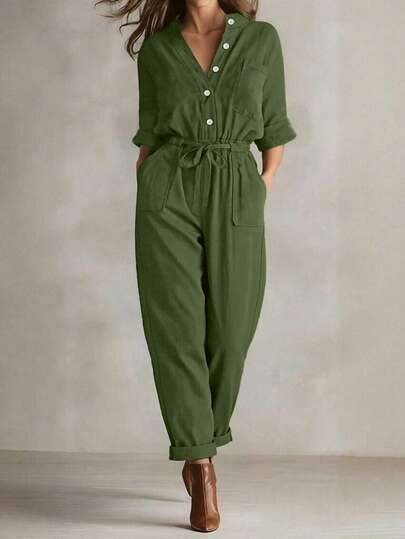 Women's Elegant Jumpsuit, Solid Color Casual V-Neck Single-Breasted, Belted Cargo Jumpsuit, Tie-Waist Straight-Leg Jumpsuit. Suitable For Fashionable Commuting And Romantic Valentine's Day