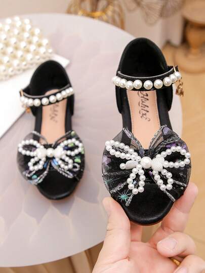 1 Pair Girls' Cute Crystal Princess Sandals, Flat Bowknot Shoes For Little/Big Kids, Casual Beach, Dance, Outdoor, Festival, Party, Sequin Decor Princess Shoes, Suitable For Spring/Summer/Autumn