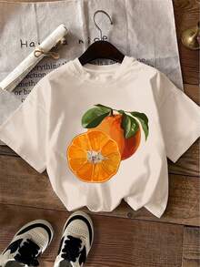 Women's Clothing, Summer Cotton T-Shirt, Vibrant Leaf And Fruit Print, Round Neck, Bright Pink, Washable, Casual Top For All Seasons, Designer Women's Clothing. - 杏 - 查看 2