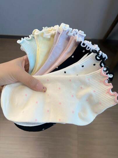7 Pairs Random Sweet Ruffled Polka Dot Short Socks For Women, Fashionable JK Style, Comfortable & Breathable