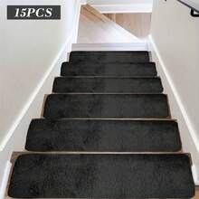 15PCS Extra Long Plush Stair Treads, 7.8x29.5 Inch, 3-Layer Soft Carpet Runner With Laboratory-Tested Strong Grip Backing, Non-Slip Indoor Stair Mats For Wooden & Tile Stairs, Washable Home Safety Upgrade For Families, Easy Trim To Fit, Pet-Friendly & Durable - màu đen - Xem 3