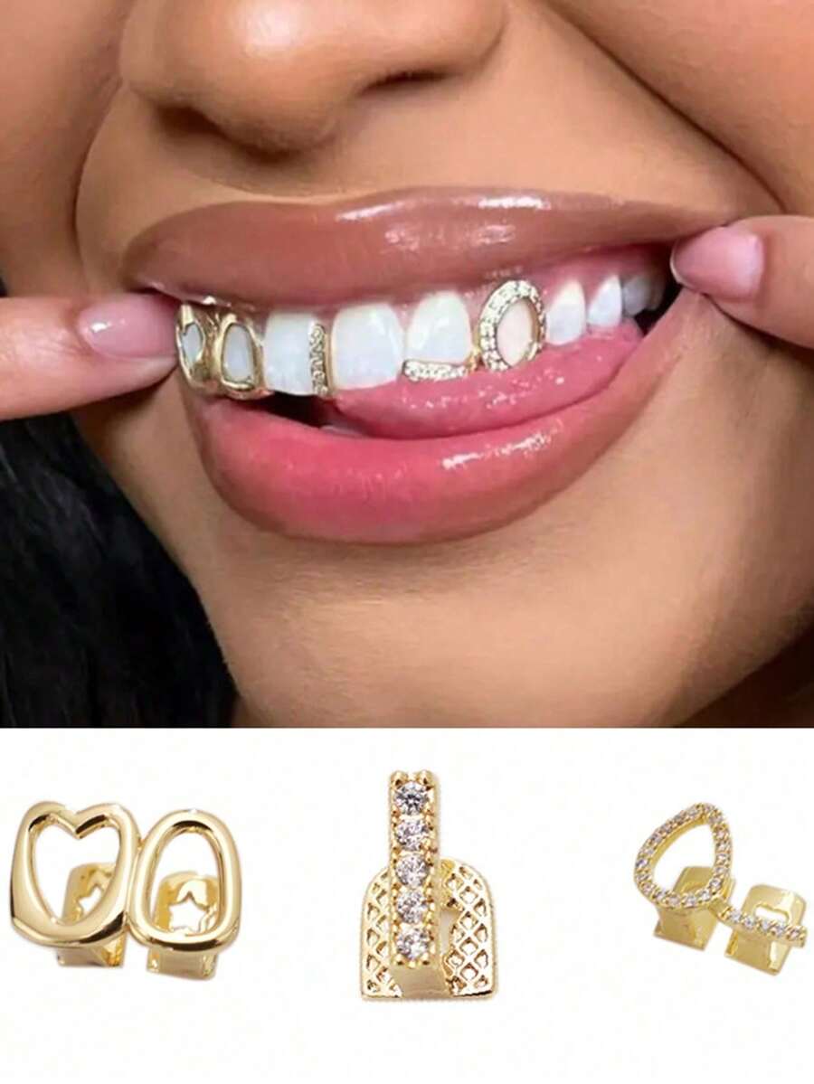 2026 New Collection Of Fine Jewelry2pcs/Set Hip-Hop Hollow Out Heart Stick Diamond Double Tooth Set, Daily Street Fashion Cool Smooth Gold Teeth - Vàng-4 - Xem 1