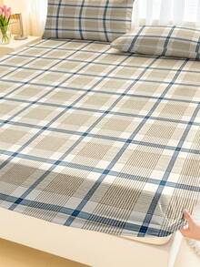 1pc Plaid Fitted Sheet, Minimalist Plaid Fitted Sheet - Multicolor - View 2