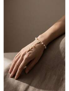 "Cute Faux Pearl Rosary Bracelet With Cross & Virgin Mary Charm - Dainty Religious Spiritual Jewelry For Women Daily Wear" - Pearl - View 4