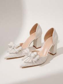 1双蝴蝶结镂空凉鞋，新款珍珠粗跟尖头婚鞋，女士，情人节 - 白色 - 查看 6
