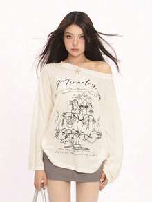 涂鸦露肩T恤防晒披肩，女士宽松长袖薄款空调衫，夏季 - 杏色 - 查看 4