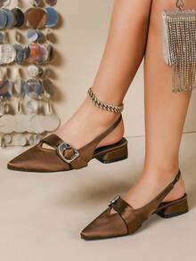 Women's New Metal Buckle Pointed Toe Backless Flat Shoes, Suitable For Daily Commute - Brown - View 1