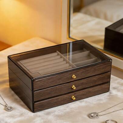 1pc Luxury Walnut Jewelry Box, 3-Tier Wooden Jewelry Storage Organizer With Drawers, Acrylic Jewelry Display Case, Classic Design To Hold Earrings, Rings, Necklaces, Bracelets, Pendants, Bathroom & Tabletop Storage Box, Stackable, Elegant Luxury Gift Box For Wife, Home Decor