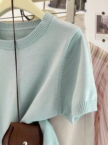 浅蓝色休闲圆领短袖针织上衣，夏季 - 淺藍色 - 查看 4