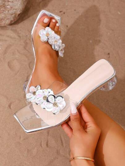 1双女童夏季露趾高跟凉鞋，透明交叉绑带，水晶渐变透明花朵粗跟凉鞋，银色，百搭时尚，套穿式设计，适合派对、聚会、旅行