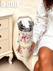 1pc 900ml Vintage Floral Pattern Double Wall Stainless Steel Insulated Tumbler, Flat Bottom Cup, Coffee Mug, Car Cup, Water Bottle, Outdoor Tumbler, Tea Cup, Vacuum Flask, With Drinking Spout And Straw Design, Suitable For Outdoor, Office, Home, School, Car, Gym, Travel, Birthday Gift, Holiday Gift, Mother's Day Gift, Father's Day Gift, Back To School, Valentine's Day Gift - Multicolor - View 4
