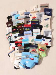 10双装男童透气弹力中筒袜，恐龙、汽车、直升机等交通工具/动物图案，适合夏季日常穿着，吸湿排汗 - 彩色 - 查看 2