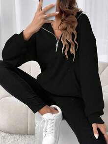 Sudadera de manga larga con media cremallera y color liso para mujer Una prenda holgada e informal para primavera y otoño. - Negro - Ver 3
