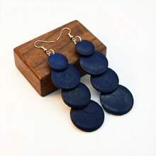 1 Pair Navy Blue Wooden Geometric Round Earrings, Vintage Wooden Round Chain Earrings, Iron Earring Hooks, Fashion Jewelry Set For Women, Suitable For Daily Wear And Gifting, Accessory For All Seasons - Royal Blue - View 3