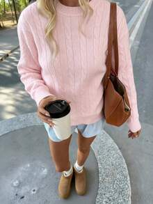 FOR BEAUTY Romantic Pink Twist Flower Long Sleeve Knit Sweater, Holiday Blouse, Women's Tops, Fashion Loose Fit Pullover, Ladies Autumn/Winter Clothing, Valentine's Day - Baby Pink - View 6