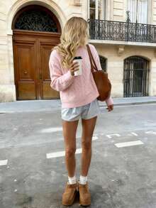 FOR BEAUTY Romantic Pink Twist Flower Long Sleeve Knit Sweater, Holiday Blouse, Women's Tops, Fashion Loose Fit Pullover, Ladies Autumn/Winter Clothing, Valentine's Day - Baby Pink - View 5