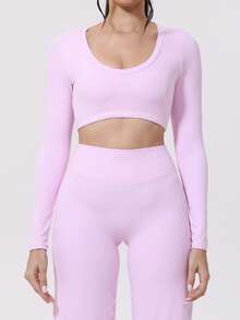 1 pieza Parte superior de yoga de manga larga con sujetador incorporado, diseño sin espalda para correr al aire libre, fitness, pilates - Rosa - Ver 2