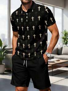 Men's Business Casual Commuter Cross Print Polo Shirt And Shorts Set - Multicolor - View 1