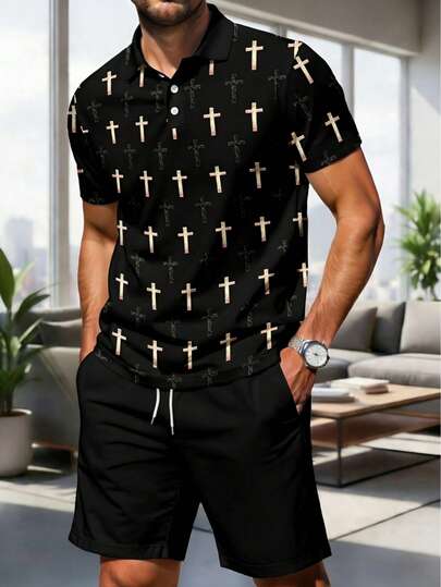 Men's Business Casual Commuter Cross Print Polo Shirt And Shorts Set