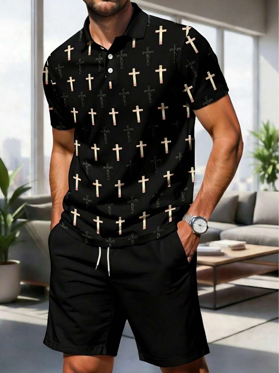 Men's Business Casual Commuter Cross Print Polo Shirt And Shorts Set - Multicolor - View 1